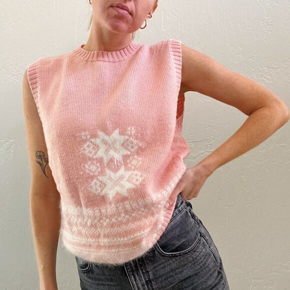 Vintage Pink 100% Wool Snowflake Sweater Vest - Picture 4 of 5
